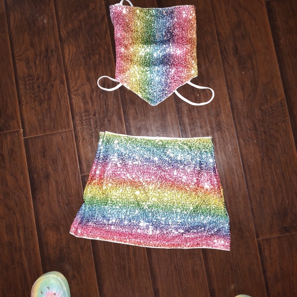 SHEIN Sequin Rainbow Skirt Set - Multi